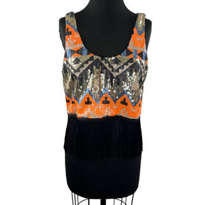 NWT NASTY GAL Silver Orange Geometric Print Sequin Fringe Hem Tank Top Size XL
